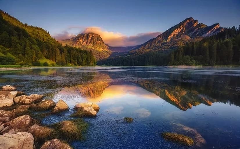 Mountain and Lake Landscape in the Sunrise Wallpaper Mural