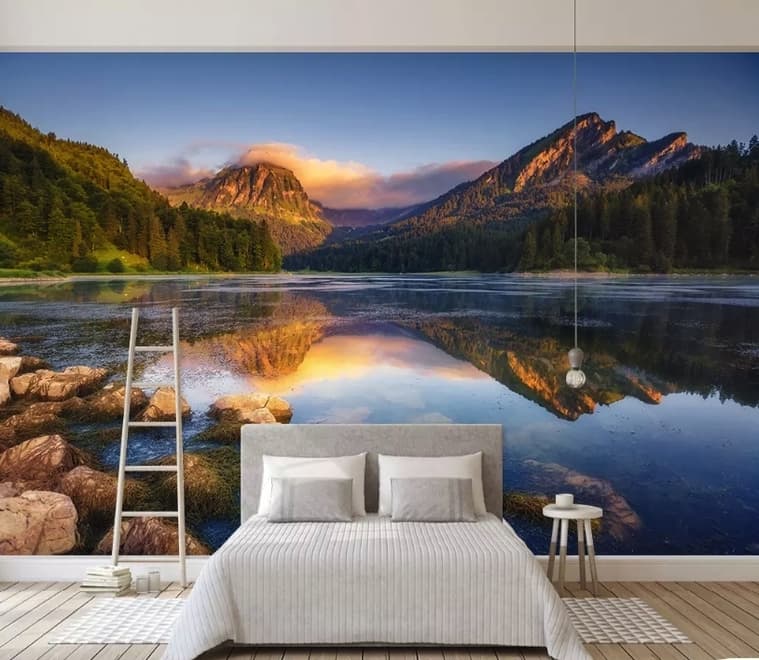 Mountain and Lake Landscape in the Sunrise Wallpaper Mural