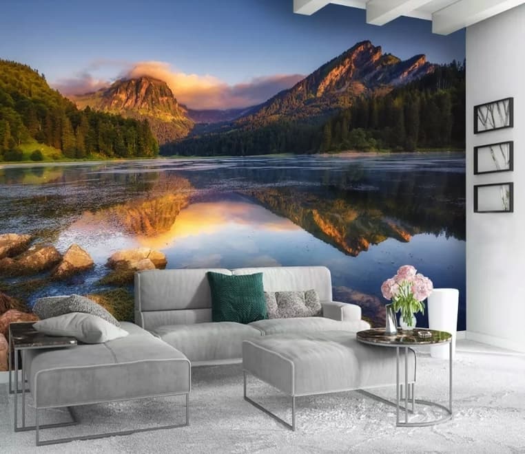 Mountain and Lake Landscape in the Sunrise Wallpaper Mural