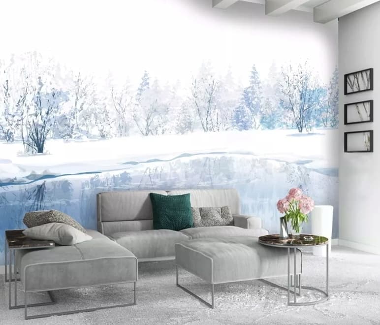 Watercolor Winter Landscape and Lake Wallpaper Mural