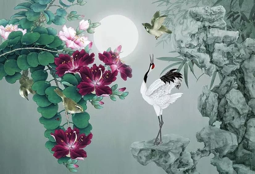 White Stork and Purple Flowers Wallpaper Mural