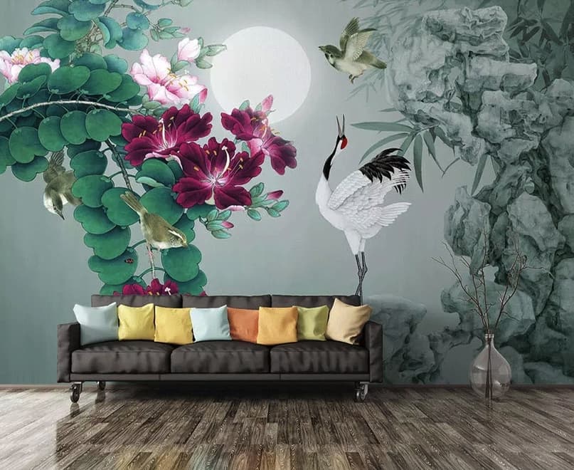 Fototapete Weißer Storch und Lila Blumen
