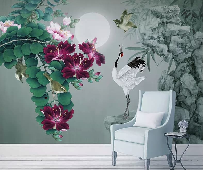 White Stork and Purple Flowers Wallpaper Mural