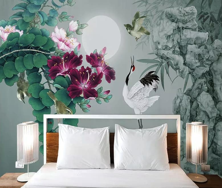 White Stork and Purple Flowers Wallpaper Mural