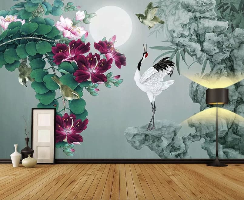 White Stork and Purple Flowers Wallpaper Mural