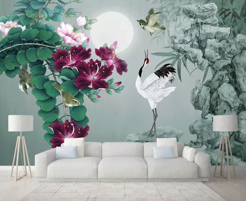 White Stork and Purple Flowers Wallpaper Mural