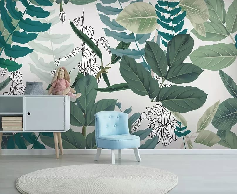 3D Look Tropical Leaf Drawing Art Wallpaper Mural