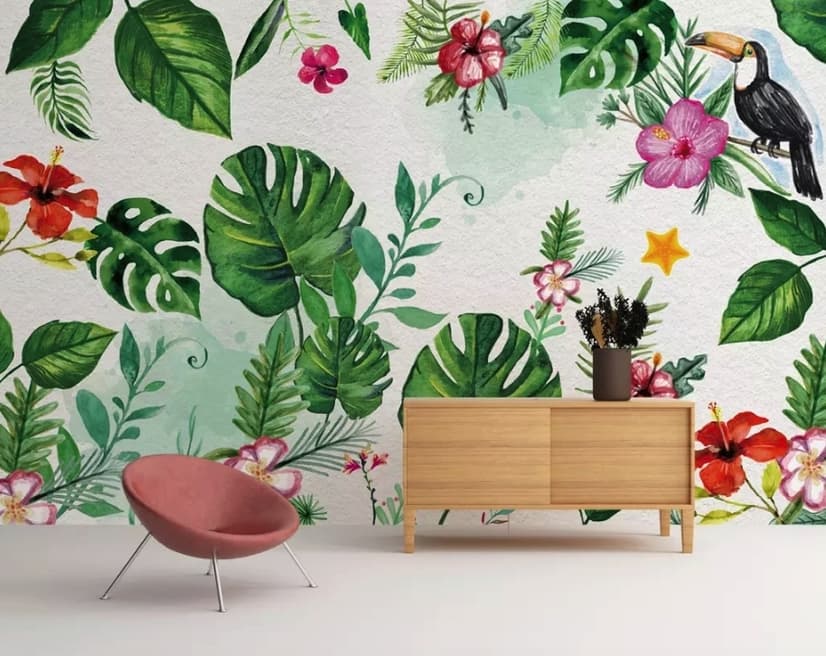 Papier peint panoramique fleurs mirabilis colorées et feuilles tropicales