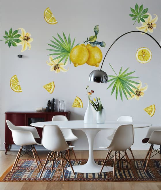 Yellow Lemon with Lily Florals Wall Decal Sticker