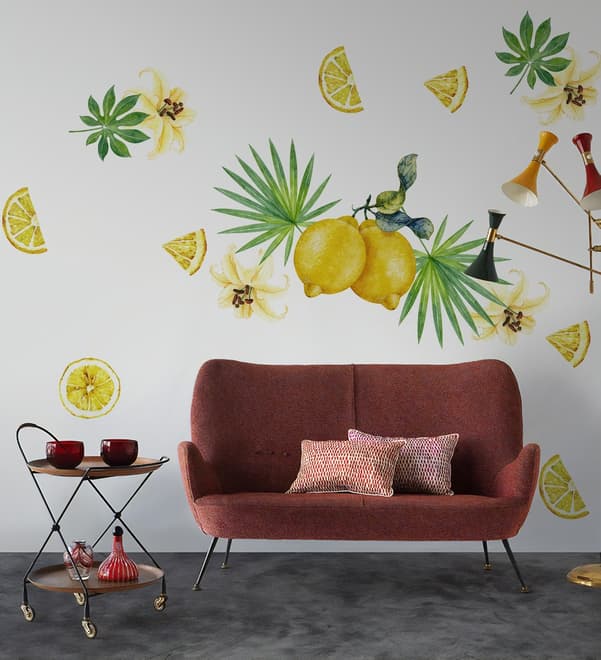 Yellow Lemon with Lily Florals Wall Decal Sticker