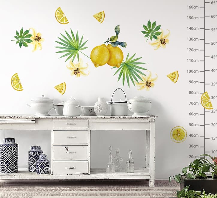 Yellow Lemon with Lily Florals Wall Decal Sticker