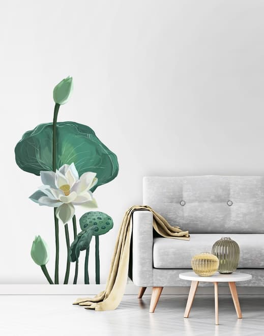 Watercolor White Lotus Floral and Leaves Wall Decal Sticker