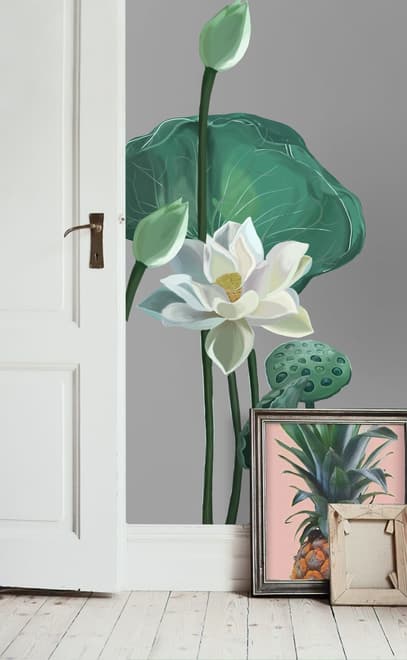 Watercolor White Lotus Floral and Leaves Wall Decal Sticker