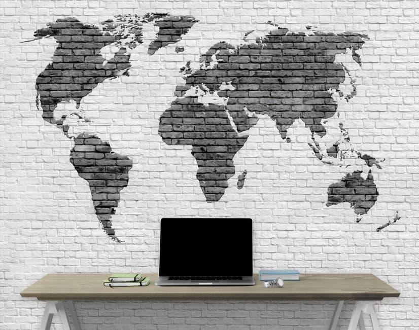Black White Brick World Maps Wallpaper Mural