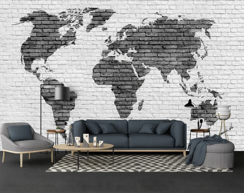 Black White Brick World Maps Wallpaper Mural