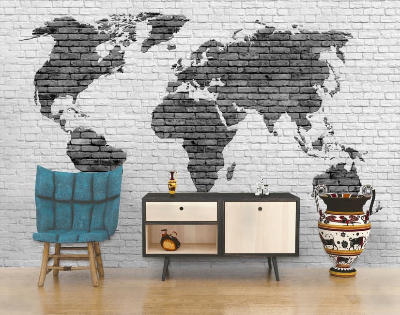 Black White Brick World Maps Wallpaper Mural