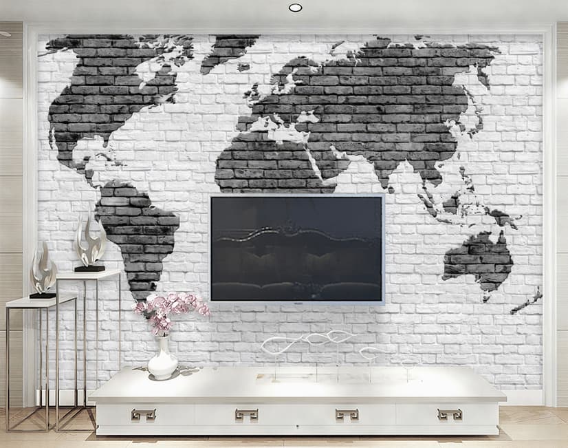 Black White Brick World Maps Wallpaper Mural