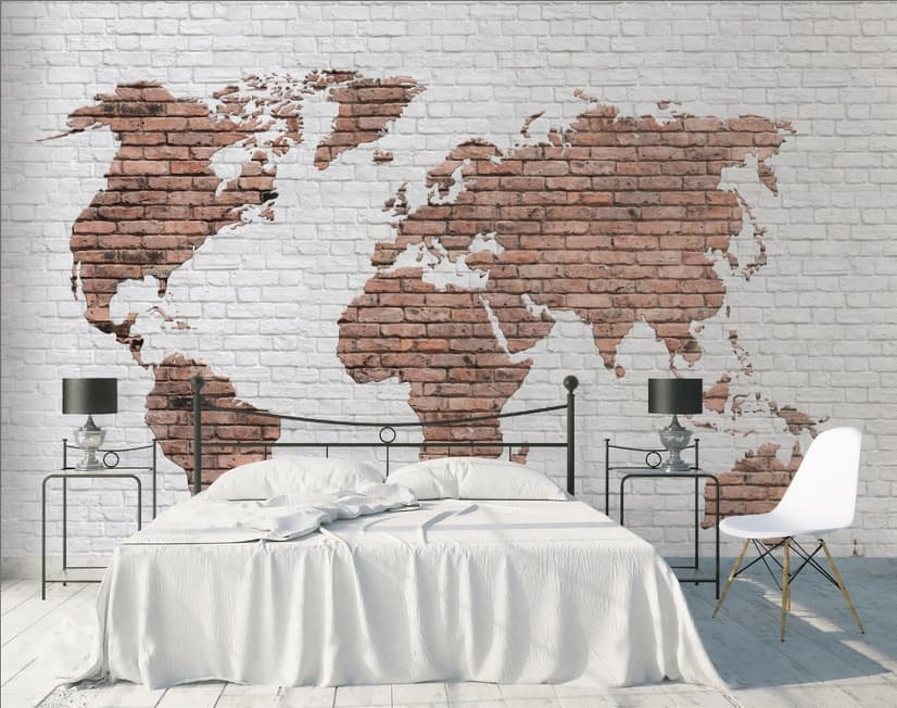 White Brown Brick World Maps Wallpaper Mural