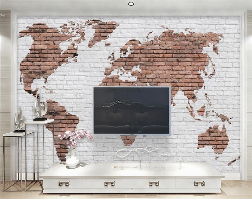White Brown Brick World Maps Wallpaper Mural