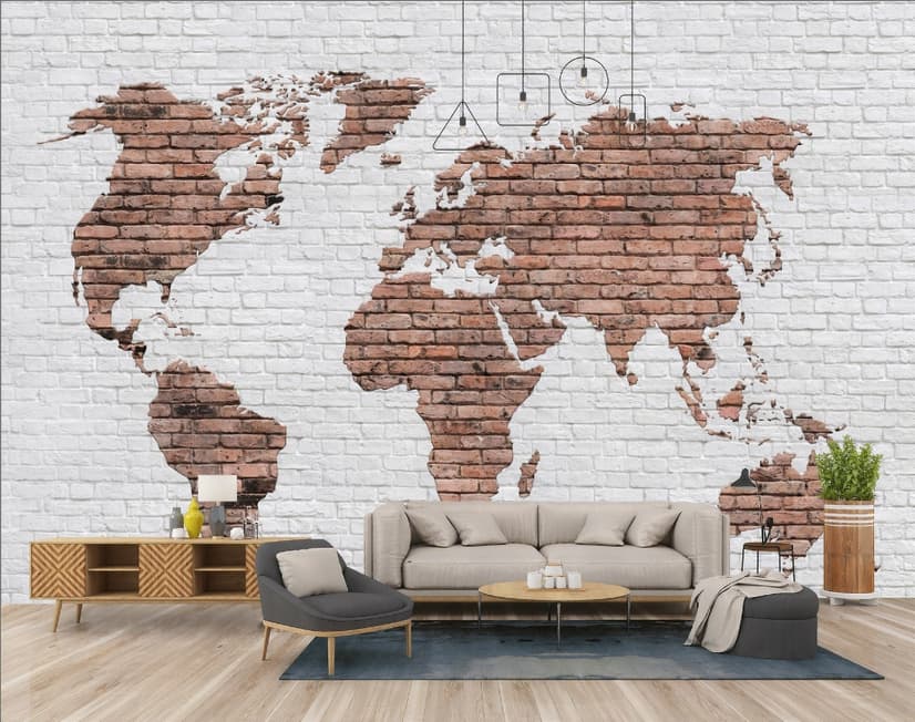 White Brown Brick World Maps Wallpaper Mural