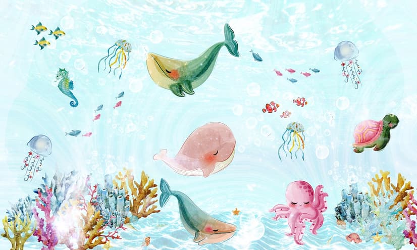 Nursery Cute Sea Animals Wallpaper Mural