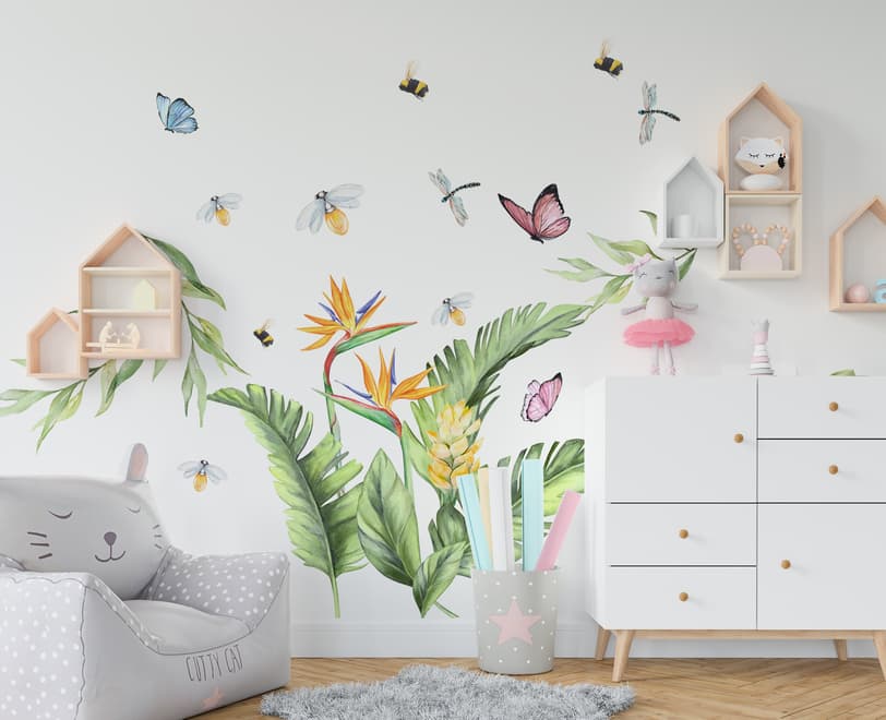 Cute Tropical Leaves and Flowers Wall Decal Sticker