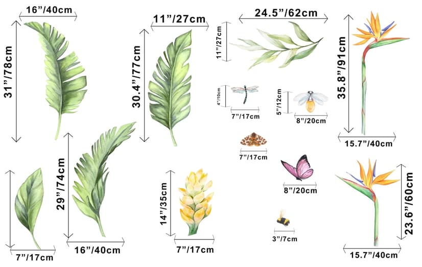 Cute Tropical Leaves and Flowers Wall Decal Sticker