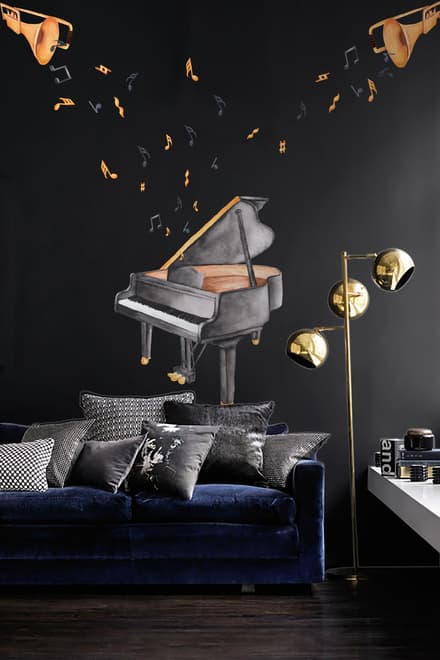 Aquarelle Piano et trompette avec notes de musique colorées Stickers muraux