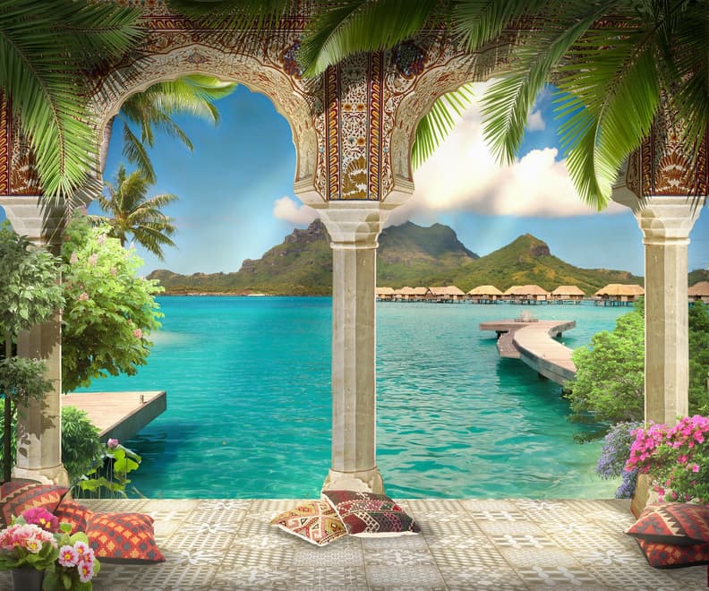 3D-Look Meereslandschaft mit luxuriösen arabischen Bögen Fototapete
