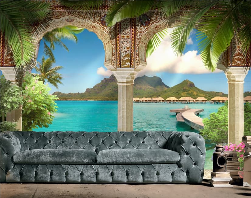 3D-Look Meereslandschaft mit luxuriösen arabischen Bögen Fototapete