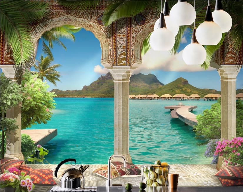 3D-Look Meereslandschaft mit luxuriösen arabischen Bögen Fototapete