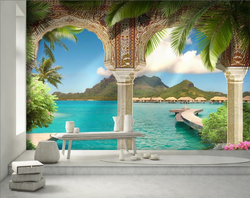 3D-Look Meereslandschaft mit luxuriösen arabischen Bögen Fototapete