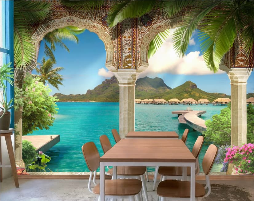3D-Look Meereslandschaft mit luxuriösen arabischen Bögen Fototapete