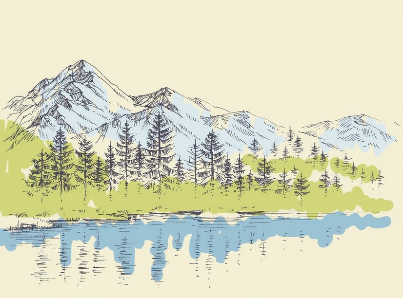 Papier peint panoramique paysage montagneux au charbon avec lac et pins
