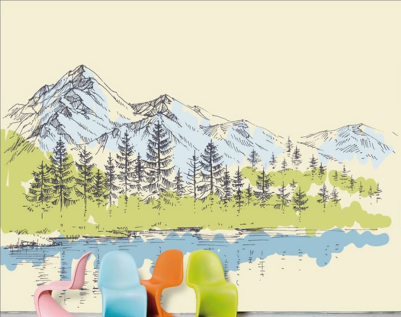 Papier peint panoramique paysage montagneux au charbon avec lac et pins