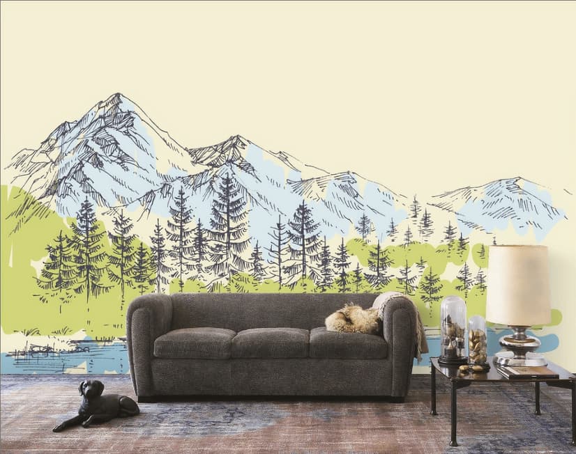 Papier peint panoramique paysage montagneux au charbon avec lac et pins