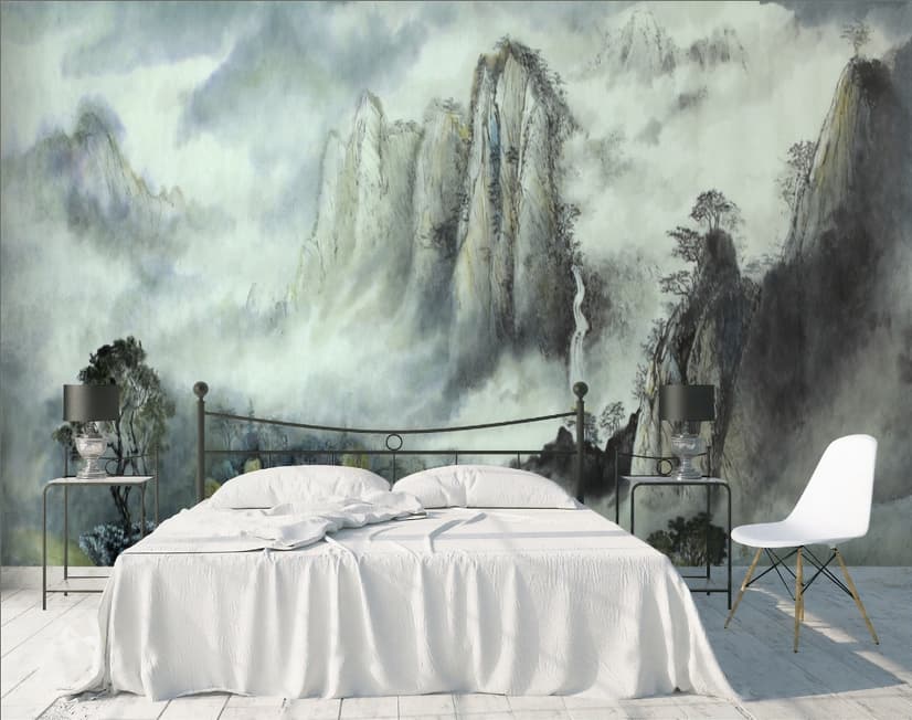 Papier peint panoramique des montagnes chinoises brumeuses et des chutes d'eau