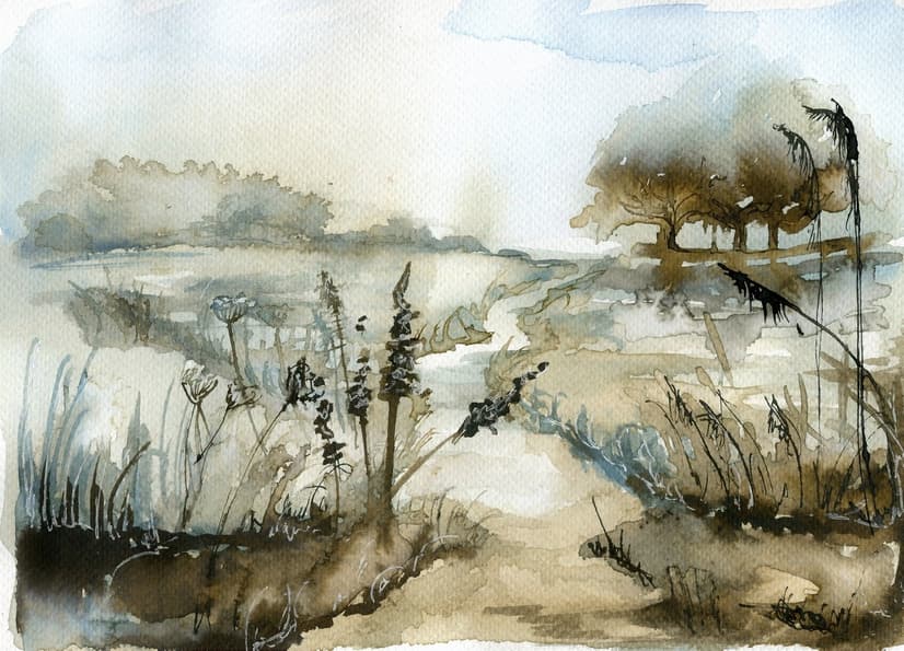 Fototapete im Aquarellstil mit botanischer Landschaftsmotiv
