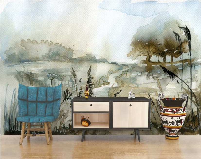 Fototapete im Aquarellstil mit botanischer Landschaftsmotiv