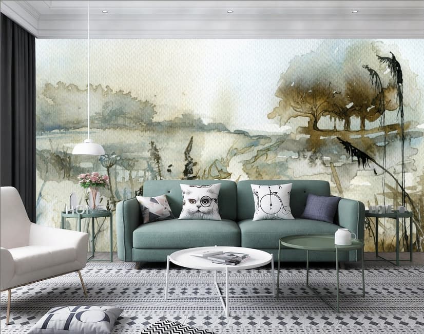 Fototapete im Aquarellstil mit botanischer Landschaftsmotiv