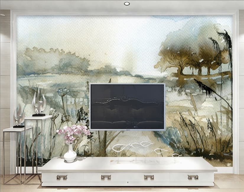 Fototapete im Aquarellstil mit botanischer Landschaftsmotiv