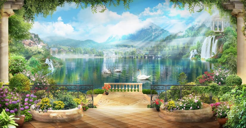 Waterfall and White Swan with Garden Flowers Landscape Wallpaper Mural