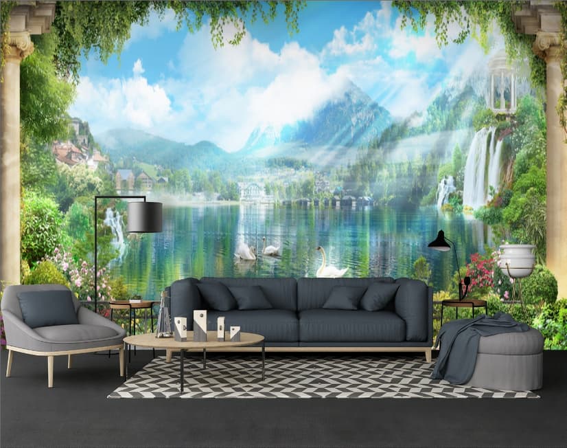 Waterfall and White Swan with Garden Flowers Landscape Wallpaper Mural