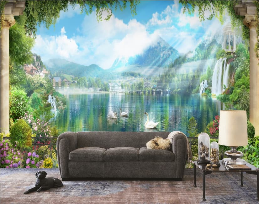 Waterfall and White Swan with Garden Flowers Landscape Wallpaper Mural