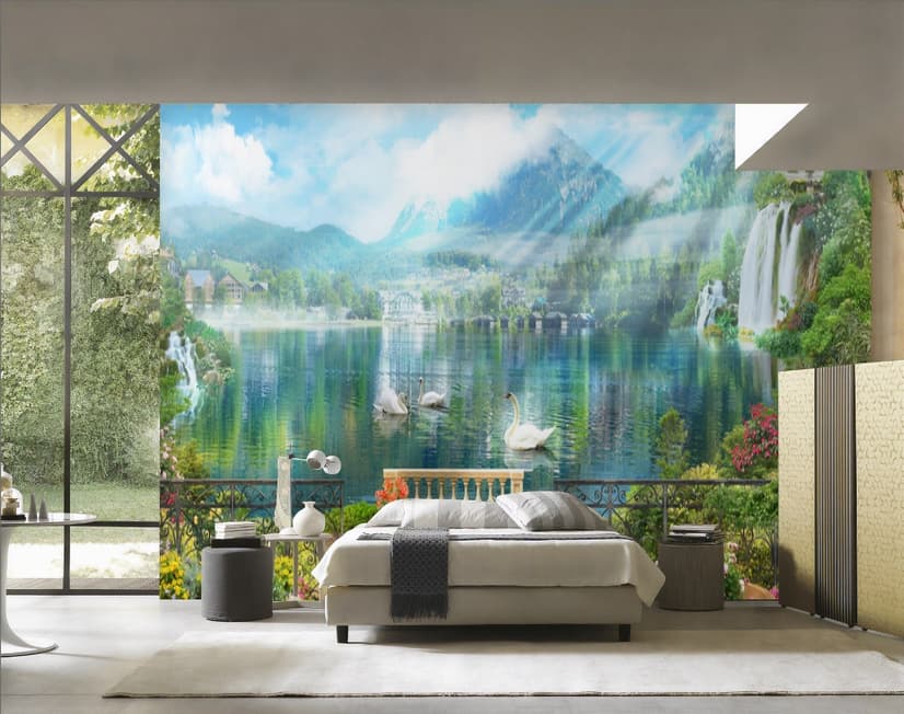 Waterfall and White Swan with Garden Flowers Landscape Wallpaper Mural