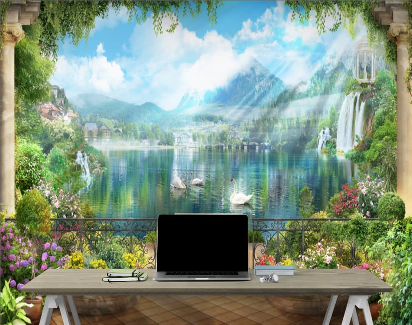 Waterfall and White Swan with Garden Flowers Landscape Wallpaper Mural