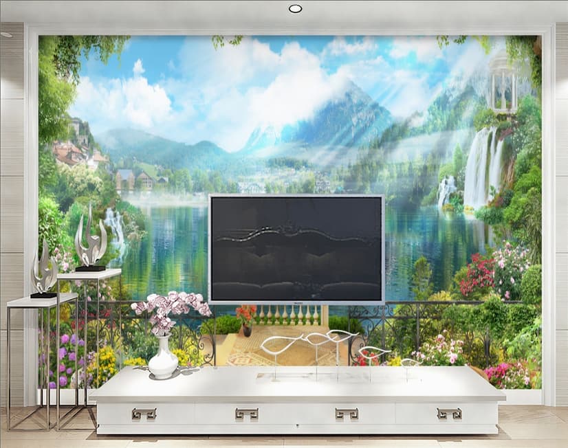Waterfall and White Swan with Garden Flowers Landscape Wallpaper Mural