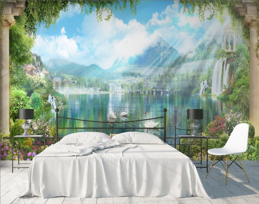 Waterfall and White Swan with Garden Flowers Landscape Wallpaper Mural