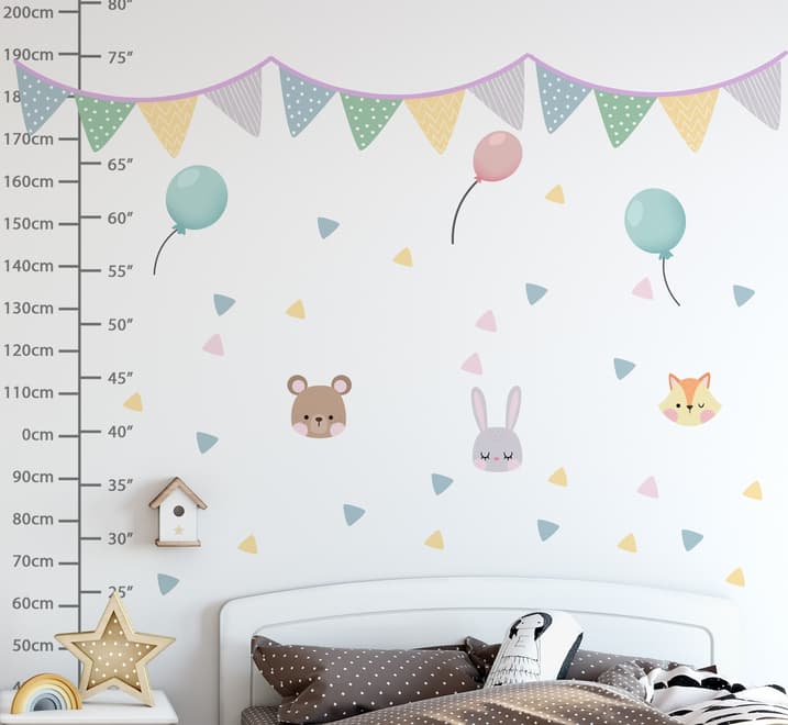 Nursery Cute Animals with Colorful Bunting and Triangle Flags Wall Decal Sticker