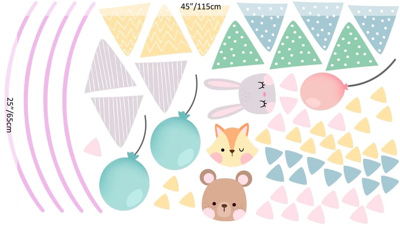 Nursery Cute Animals with Colorful Bunting and Triangle Flags Wall Decal Sticker
